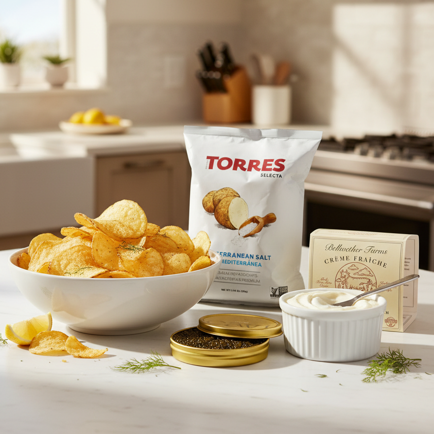 Bowl of Torres potato chips on a kitchen counter with a bag of Torres potato chips and other items.
